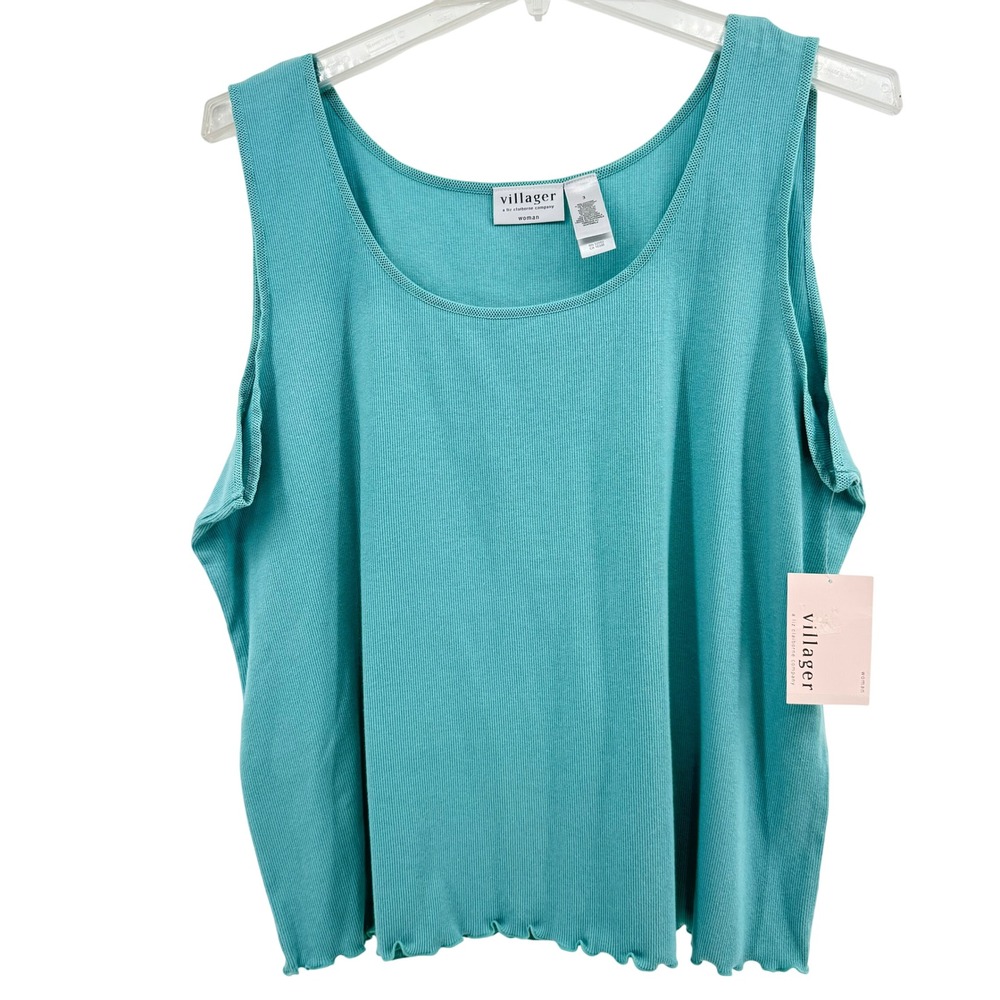 NWT Villager by Liz Claiborne Woman Tank Top Island Blue Ribbed Lettuce‎ Hem 3X